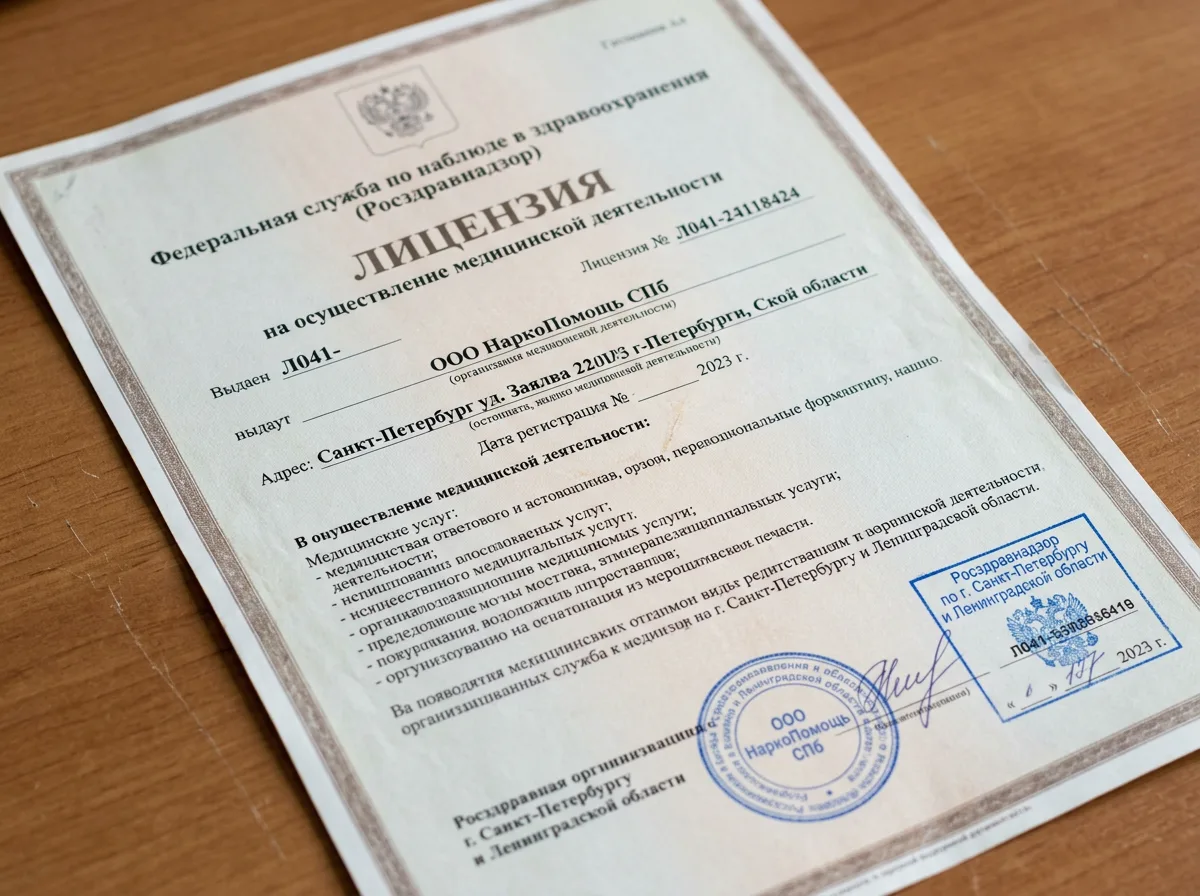 Скан медицинской лицензии Росздравнадзора ООО НаркоПомощь СПб, официальный документ с печатью